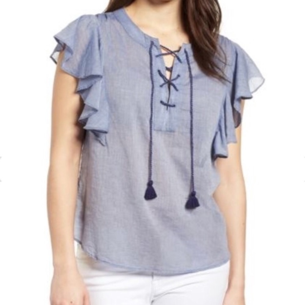 Caslon flounce sleeve lace up blouse NWT